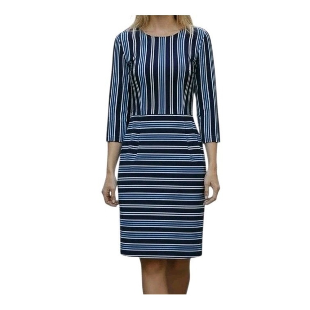 Lands‎ End Womens Sheath Dress Size 2 Blue Striped Knee Length Long Sleeve
